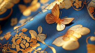 蓝底金纹布上的精致蝴蝶