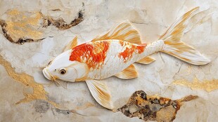 金白锦鲤游弋于纹理背景