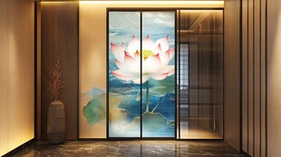 中式玄关处的唯美荷花图景