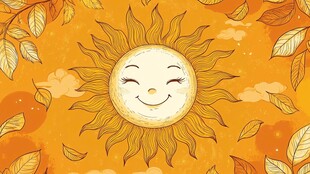 微笑太阳与秋叶的温馨画面