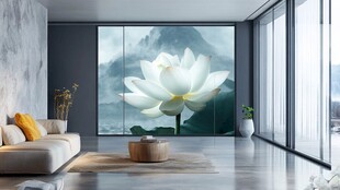 现代客厅中的清雅荷花壁画