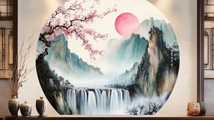 中式山水圆形壁画意境美