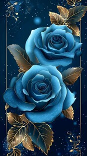 梦幻蓝玫瑰与金叶装饰画