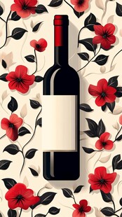 花卉环绕的红酒瓶插画