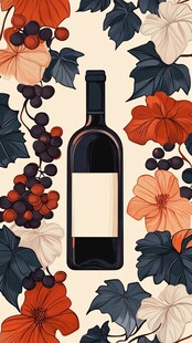 葡萄酒插画 花卉环绕酒瓶