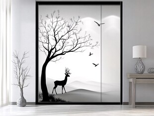 黑白风鹿树装饰画艺术场景