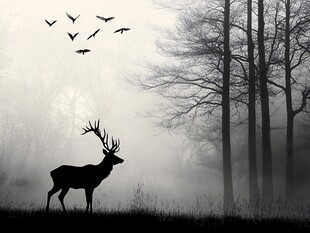 雾中鹿影与飞鸟的静谧图景