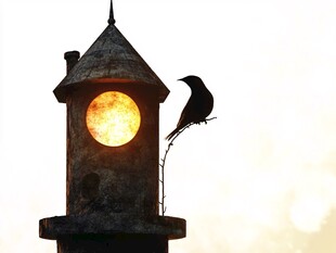 黄昏中鸟栖于发光小塔旁