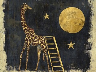 月夜下长颈鹿与梯子的梦幻画面