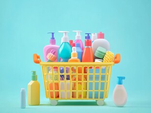 购物篮里的多彩清洁用品