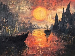 夕阳下的河畔梦幻景致