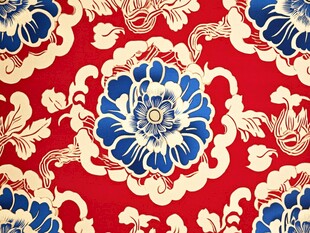 中式红底蓝白花卉纹图案