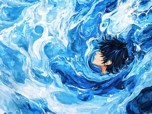 少年沉浸于汹涌蓝色波涛中