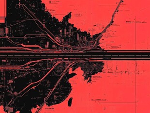 红色城市地图与倒影景观