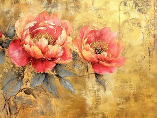 金色背景上的娇艳牡丹花