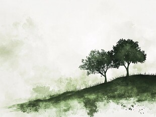 水墨山丘双树静谧景致