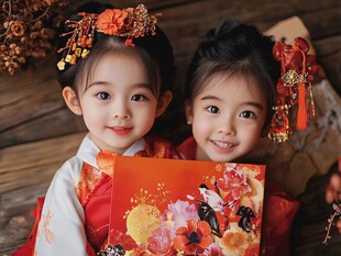 双姝贺岁 红衣萌娃展笑颜