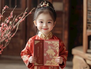 红衣萌娃手持喜庆红包