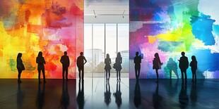 多彩艺术墙前的人物剪影