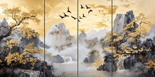 金秋山水飞鸟图