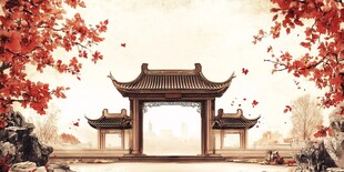 秋日古风牌坊红叶美景