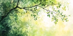 春日绿荫枝丫水彩意境图