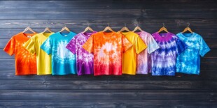 多彩扎染T恤挂于木背景