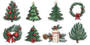 圣诞绿植装饰手绘素材集