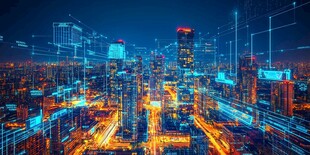 未来都市夜景与科技线条