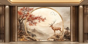 中式玄关壁画 鹿与山水图景