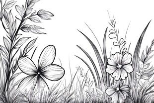 手绘花草黑白线条插画