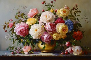 花瓶中的多彩花卉静物画