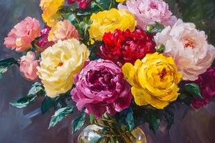 多彩芍药花束油画欣赏