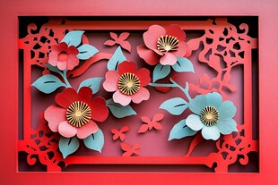 中式立体剪纸花卉装饰画