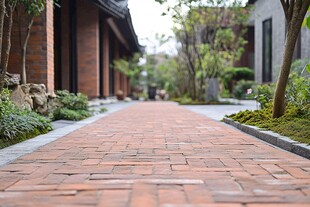 红砖小径旁的雅致庭院景观