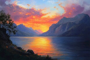 湖畔绚丽夕阳山水美景