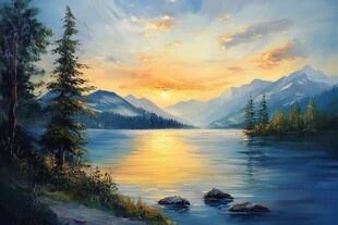 湖畔日出山林美景