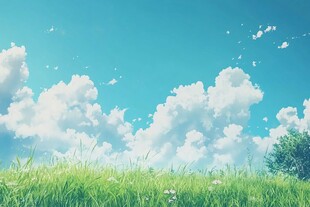 清新草地与蓝天白云图景