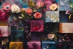 多彩花卉与方块艺术组合