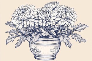 盆栽菊花手绘插画