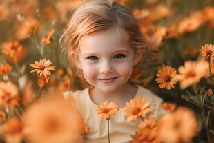 花丛中的微笑小女孩