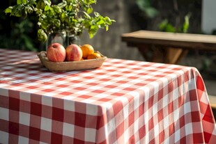 红白格桌布上的水果绿植