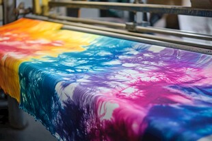多彩印染布料在机器上延展