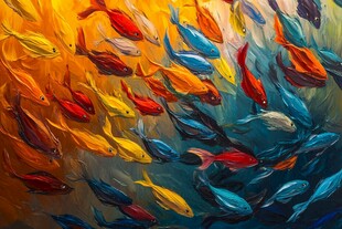 群鱼共舞的绚烂油画世界