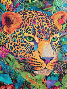 绚丽豹影穿梭缤纷植物间