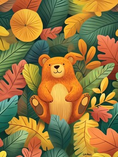 森林中的小熊与多彩树叶