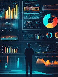 男子凝视多彩数据可视化画面