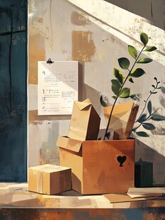 墙边纸箱绿植与文件场景
