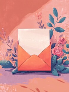 粉色信封与花卉插画