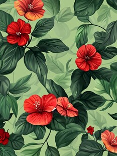 红扶桑绿叶无缝花卉图案